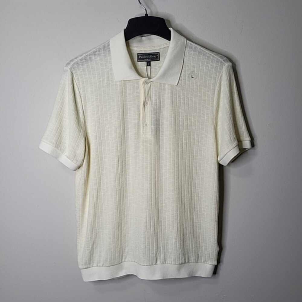 Paisley & Gray Men's Polo Shirt Knit Size L Slim Fit Cream Preppy Golf